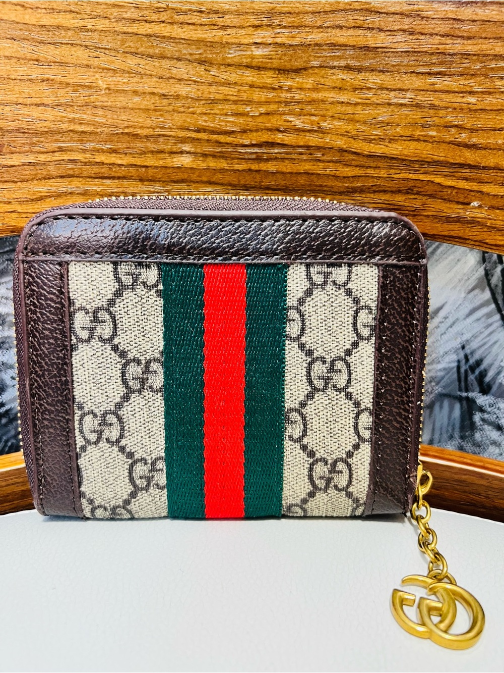 Beige GG Canvas Zip Card Holder with Green-Red Web and Brown Trim